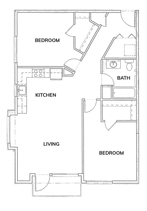 Floor plan for 2 beds, 1 bath, 910 sqft